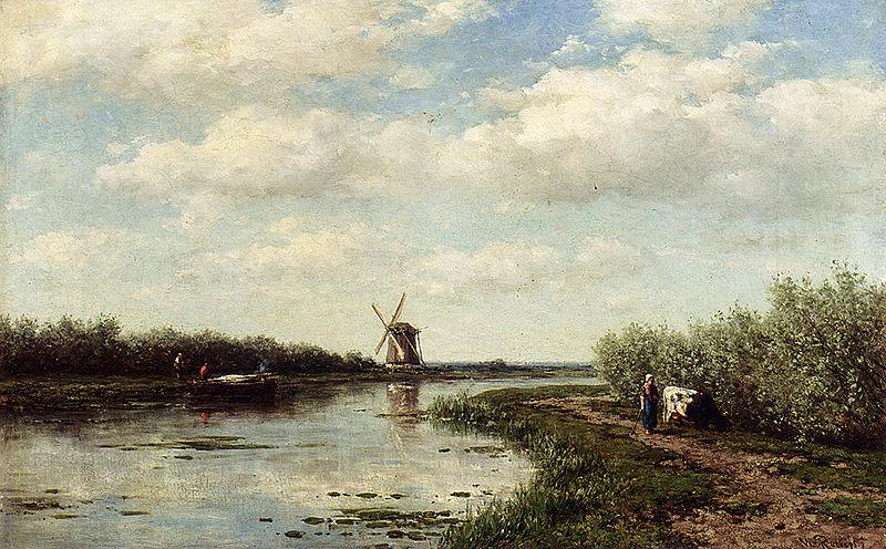 Willem Roelofs Figures On A Country Road Along A Waterway oil painting picture